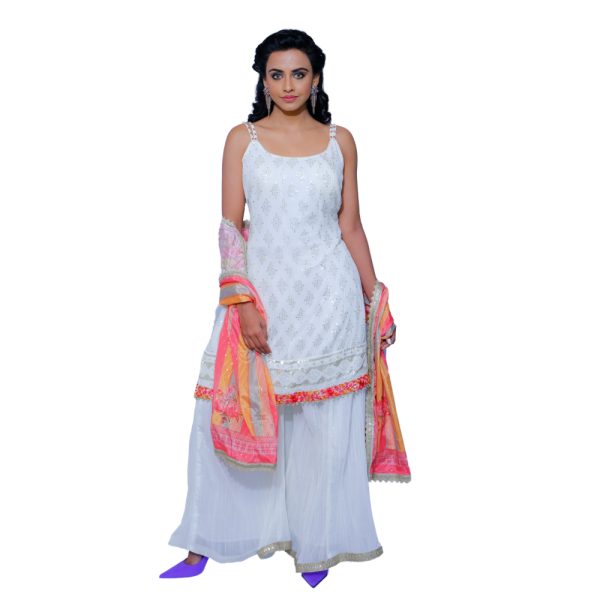 WOMEN'S EMBROIDERY WHITE SHARARA SUIT